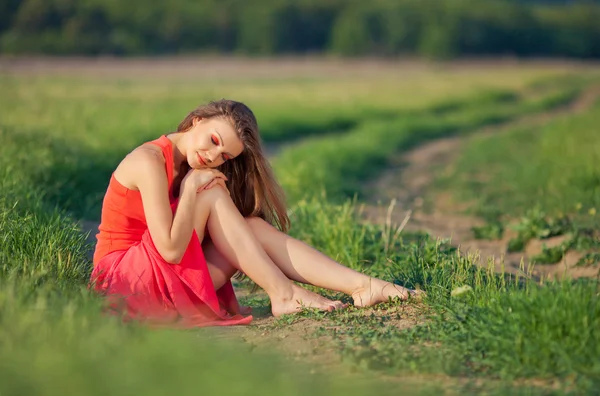 Porträt einer schönen jungen Frau in einem roten Kleid vor einem Hintergrund aus Himmel und Gras im Sommer — Stockfoto