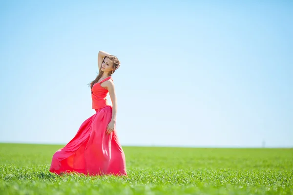 Porträt einer schönen jungen Frau in einem roten Kleid vor einem Hintergrund aus Himmel und Gras im Sommer — Stockfoto