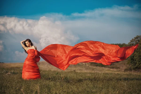 Porträt einer schönen jungen Frau in einem roten Kleid vor einem Hintergrund aus Himmel und Gras im Sommer — Stockfoto