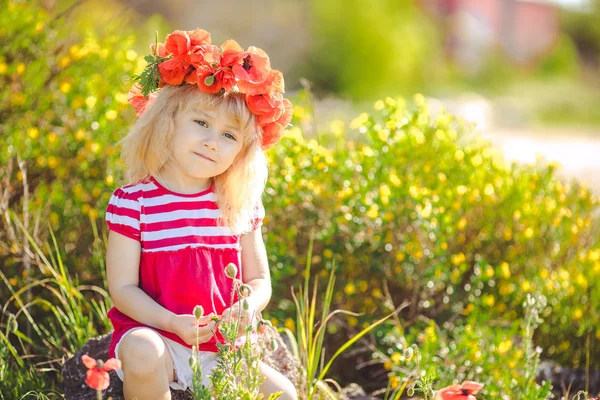 Roztomilé dítě dívka v makové pole — Stock fotografie