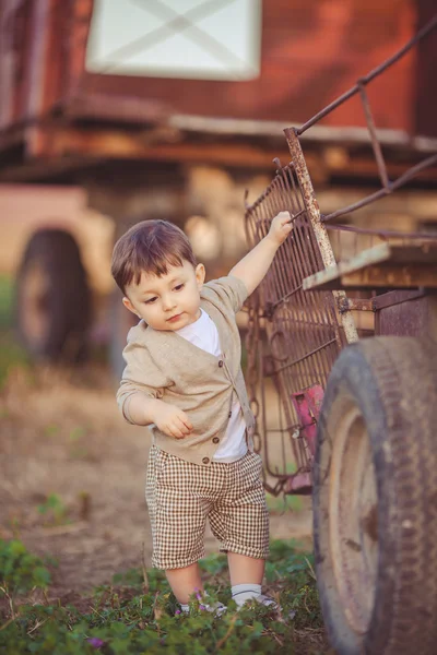 Menino pequeno bonito que está perto de cerca de metal no quintal de outono — Fotografia de Stock