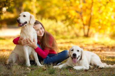Onu köpek av köpeği sonbahar sahne ile yere oturan genç kız portresi