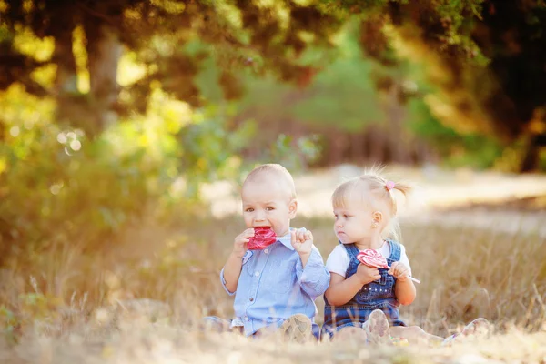 Cute boy and girl playing together summer outdoors — Stock Photo, Image