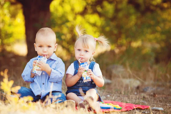 Roztomilý chlapec a dívka hrají společně v létě venku — Stock fotografie
