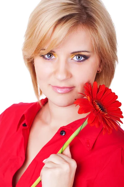 Jonge mooie vrouw met roze bloem. studio portret — Stockfoto