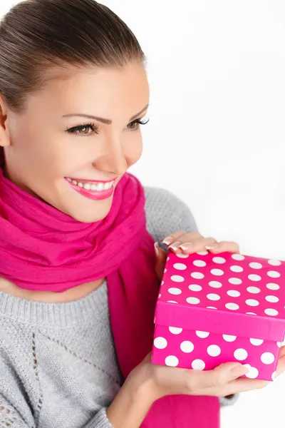 Beautiful woman a gift from a loved one for the holiday — Stock Photo, Image