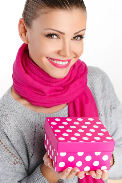 Beautiful woman a gift from a loved one for the holiday — Stock Photo, Image