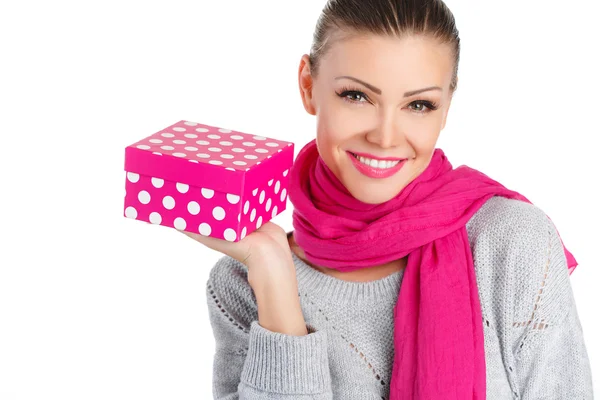 Beautiful woman a gift from a loved one for the holiday — Stock Photo, Image