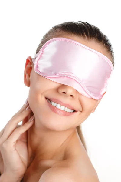 Close-up portrait of young beautiful Naked shoulders woman with pink blindfold on her eyes isolated on white background — Stock Photo, Image