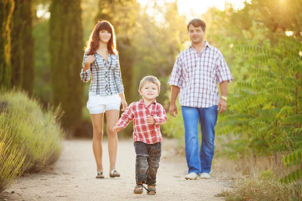 Junge Familie spaziert im Sommerpark — Stockfoto