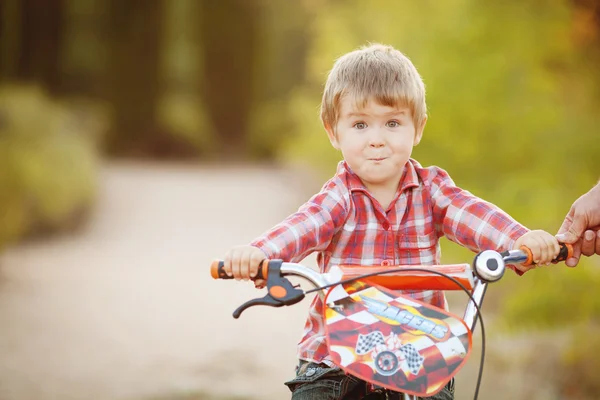 夏の公園で自転車に乗って幸せな少年 — ストック写真