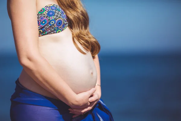 Young pregnant woman breathes the fresh sea air on a background of mountains — Stock Photo, Image