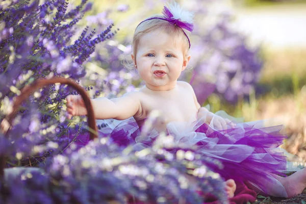 Portrét rozkošný usmívající se dívka v poli levandule — Stock fotografie