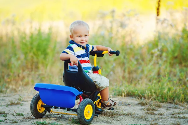 Little smiling boy on toy bicycle — Stock Photo, Image