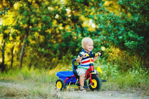 Little smiling boy on toy bicycle — Stock Photo, Image