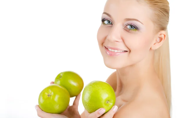 Bright spring portrait of happy healthy woman holding apple — Stock Photo, Image