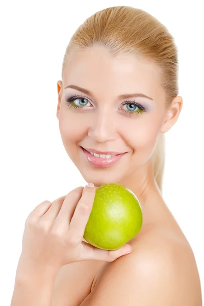 Bright spring portrait of happy healthy woman holding apple Stock Photo