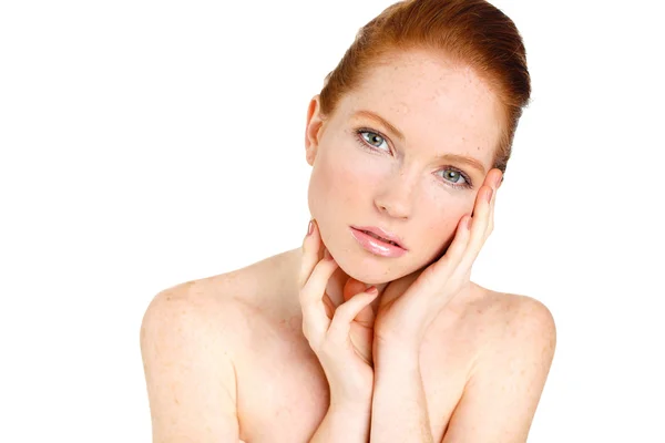 Portrait of Beautiful woman touching her face. Woman with Fresh Clean Skin, Beautiful Face. Pure Natural Beauty. Perfect Skin. Isolated on a White Background. — Stock Photo, Image