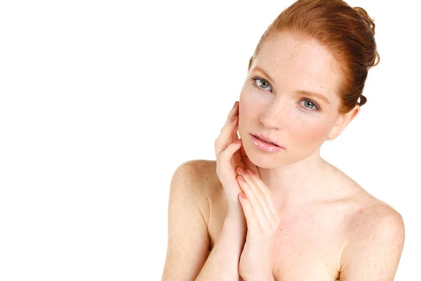 Portrait of Beautiful woman touching her face. Woman with Fresh Clean Skin, Beautiful Face. Pure Natural Beauty. Perfect Skin. Isolated on a White Background. — Stock Photo, Image