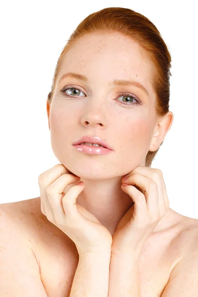 Portrait of Beautiful woman touching her face. Woman with Fresh Clean Skin, Beautiful Face. Pure Natural Beauty. Perfect Skin. Isolated on a White Background. — Stock Photo, Image