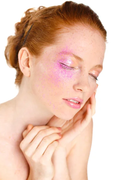 Portrait of a beautiful ginger-haired girl on white background — Stock Photo, Image