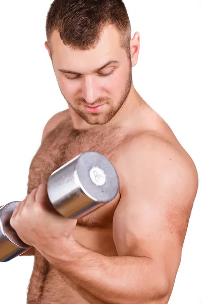 肌肉发达的家伙，在白色的背景与哑铃锻炼的特写肖像 — 图库照片