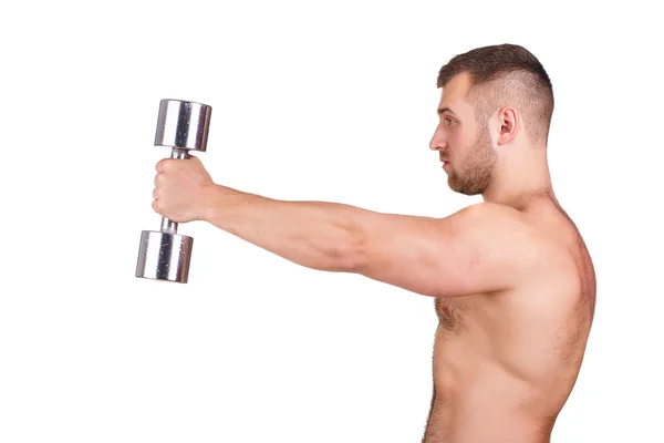 Primer plano retrato de Muscular chico haciendo ejercicios con mancuernas sobre fondo blanco —  Fotos de Stock