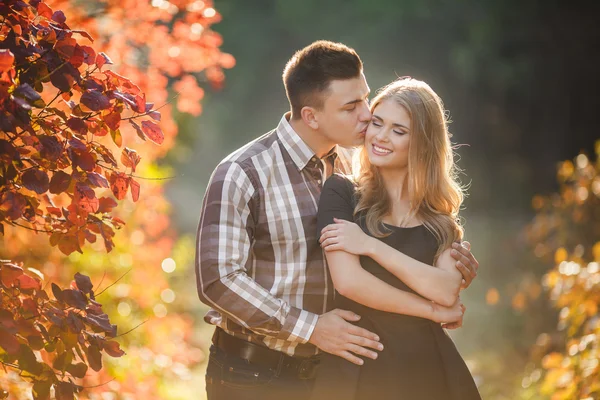 在秋天的公园里一对年轻夫妇的肖像 — 图库照片