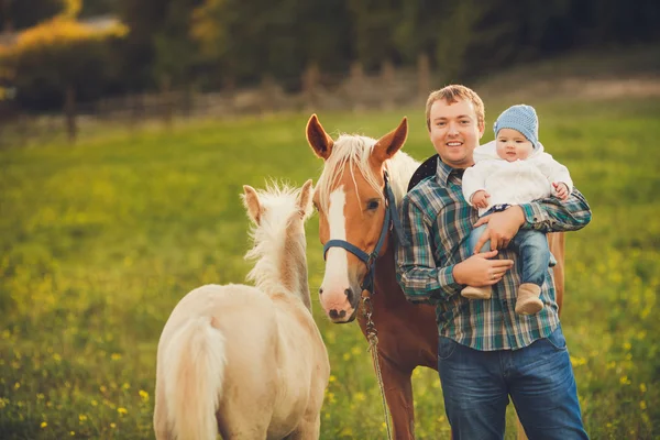 Retrato del joven padre jugando con su pequeña hija en el parque de verano, en el campo — Foto de Stock