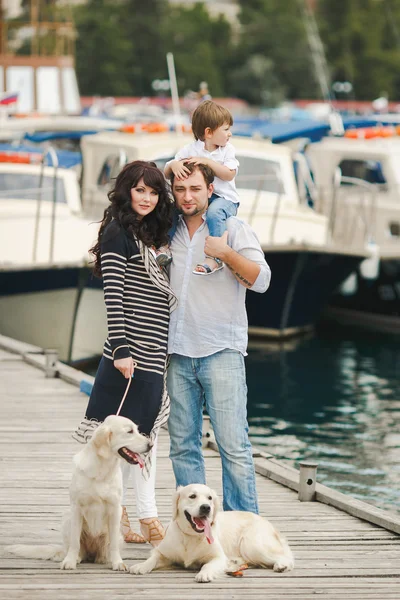 Mutlu bir aile ile yaz iskele üzerinde köpekler — Stok fotoğraf