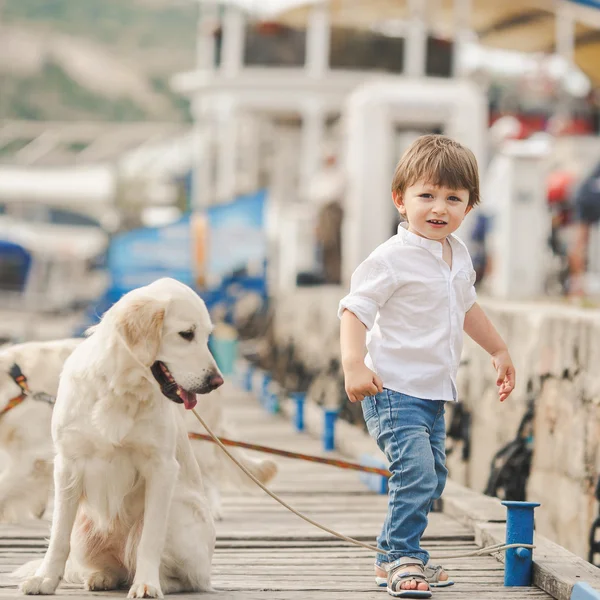 Счастливый мальчик с собакой на причале летом — стоковое фото