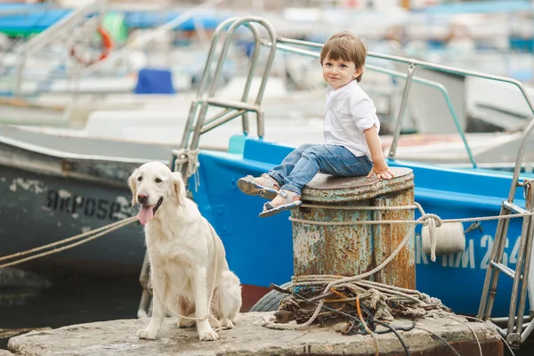 Menino feliz com ele cão no berço no verão — Fotografia de Stock