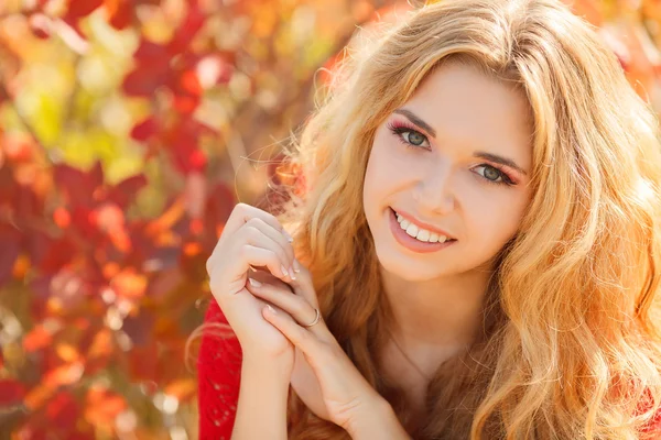 Retrato de bela jovem no parque de outono. Fotografias De Stock Royalty-Free