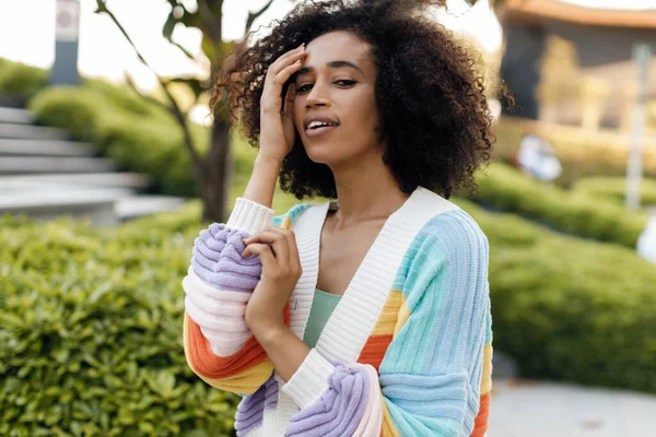 Smiling black American woman portrait outdoors. High quality photo