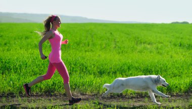 köpek parkı ile çalışan genç çekici spor kız