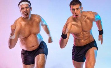 Kilo vermek ve zayıf bir atlet olmak için koşan şişman bir adam. Koşan sporcu. Kilo kaybetmeden önce ve sonra spor dönüşümü. Konsepte uyacak kadar şişman.