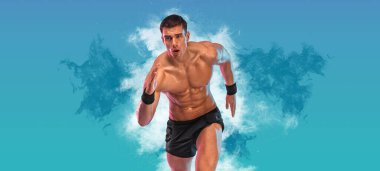 Koşucu konsepti. Mavi arka planda koşan bir atlet. Spor ve spor motivasyonu. İz çalıştırma.