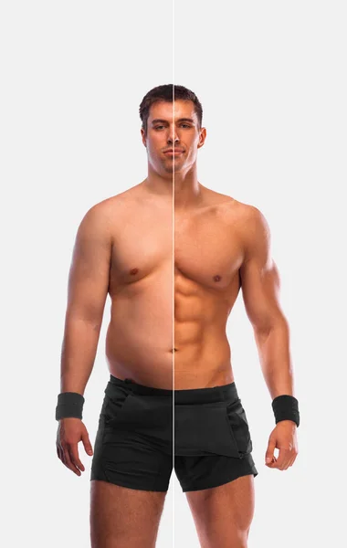 Impresionante antes y después de la pérdida de peso fitness Transformación. El hombre era gordo pero se puso en forma. Grasa para el atleta. — Foto de Stock