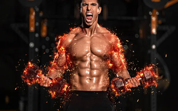 Concepto de culturismo. Brutal fuerte musculoso culturista atlético hombre bombeando los músculos con barra sobre fondo negro. — Foto de Stock
