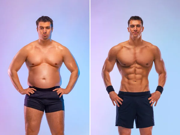 Impresionante antes y después de la pérdida de peso fitness Transformación. El hombre era gordo pero se convirtió en atleta. Fat to fit concept. — Foto de Stock
