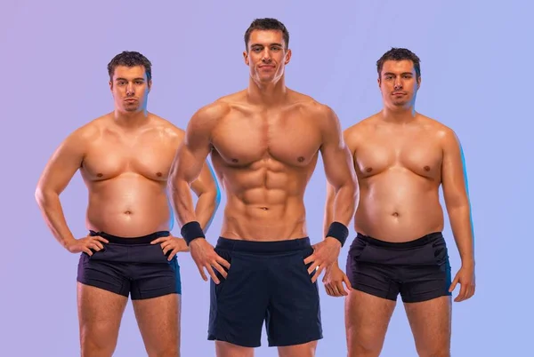 Genial vor und nach dem Gewichtsverlust Fitness Transformation. Der Mann war dick, wurde aber Athlet. Fat to fit Konzept. — Stockfoto