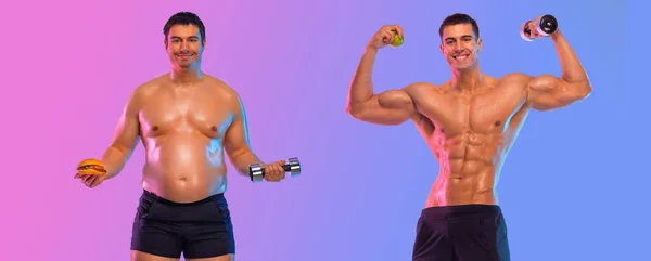 Impresionante antes y después de la pérdida de peso fitness Transformación. El hombre era gordo pero se convirtió en atleta. Fat to fit concept. —  Fotos de Stock