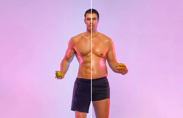 Impresionante antes y después de la pérdida de peso fitness Transformación. El hombre era gordo pero se convirtió en atleta. Fat to fit concept. — Foto de Stock