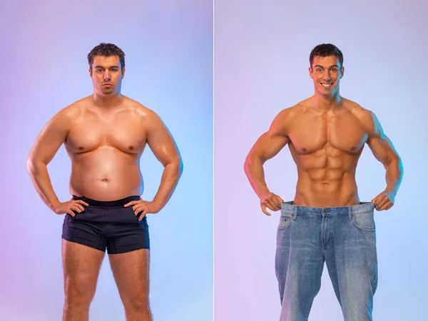 Antes y Después de la Pérdida de Peso Fitness Transformación. El hombre era gordo pero se convirtió en atlético. Fat to fit concept. —  Fotos de Stock