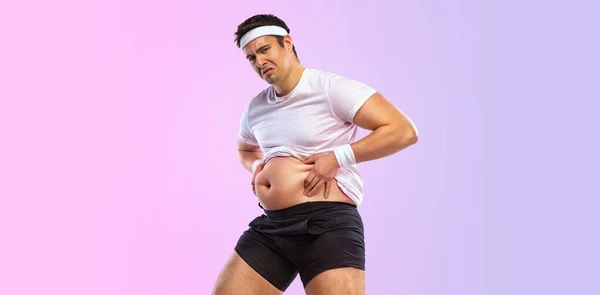 Fat man want to lose weight and become a slim athlete. Fitness concept. — Stockfoto