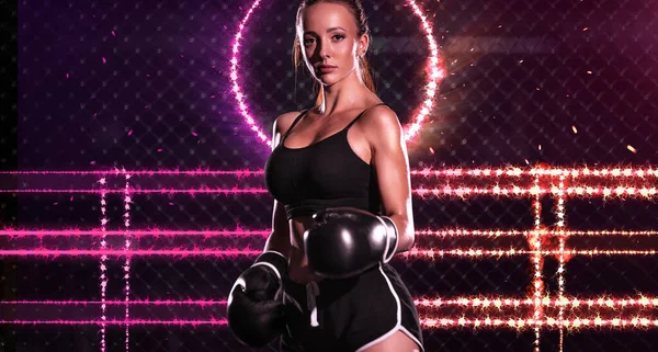 Boxing and sport concept. Girl sportsman muay thai boxer fighting in gloves in gym. — Foto Stock