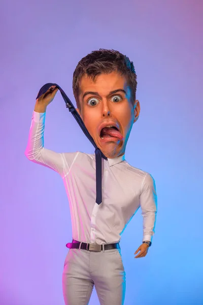 Funny caricature portrait of man with big head. manager wants to hang himself with a tie due to stress at work — Stock Photo, Image