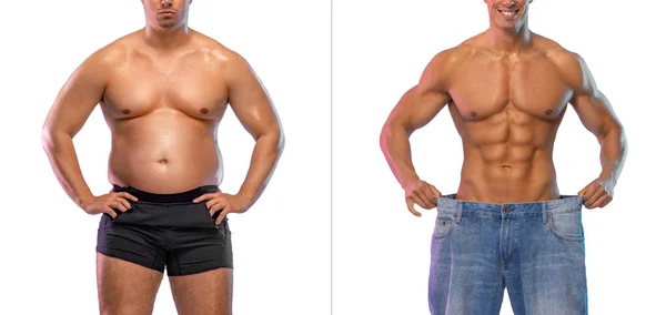 Antes y Después de la Pérdida de Peso Fitness Transformación. El hombre era gordo pero se convirtió en atlético. Fat to fit concept. —  Fotos de Stock
