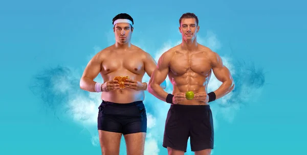 Eres lo que comes. El gordo cambia una hamburguesa por una manzana en un atleta. Impresionante antes y después de la pérdida de peso fitness Transformación. El hombre era gordo pero se convirtió en atleta. Fat to fit concept. —  Fotos de Stock