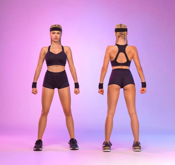 穿着运动服的健康女士穿着粉色背景的运动服.适合运动健美的女人前后看. — 图库照片